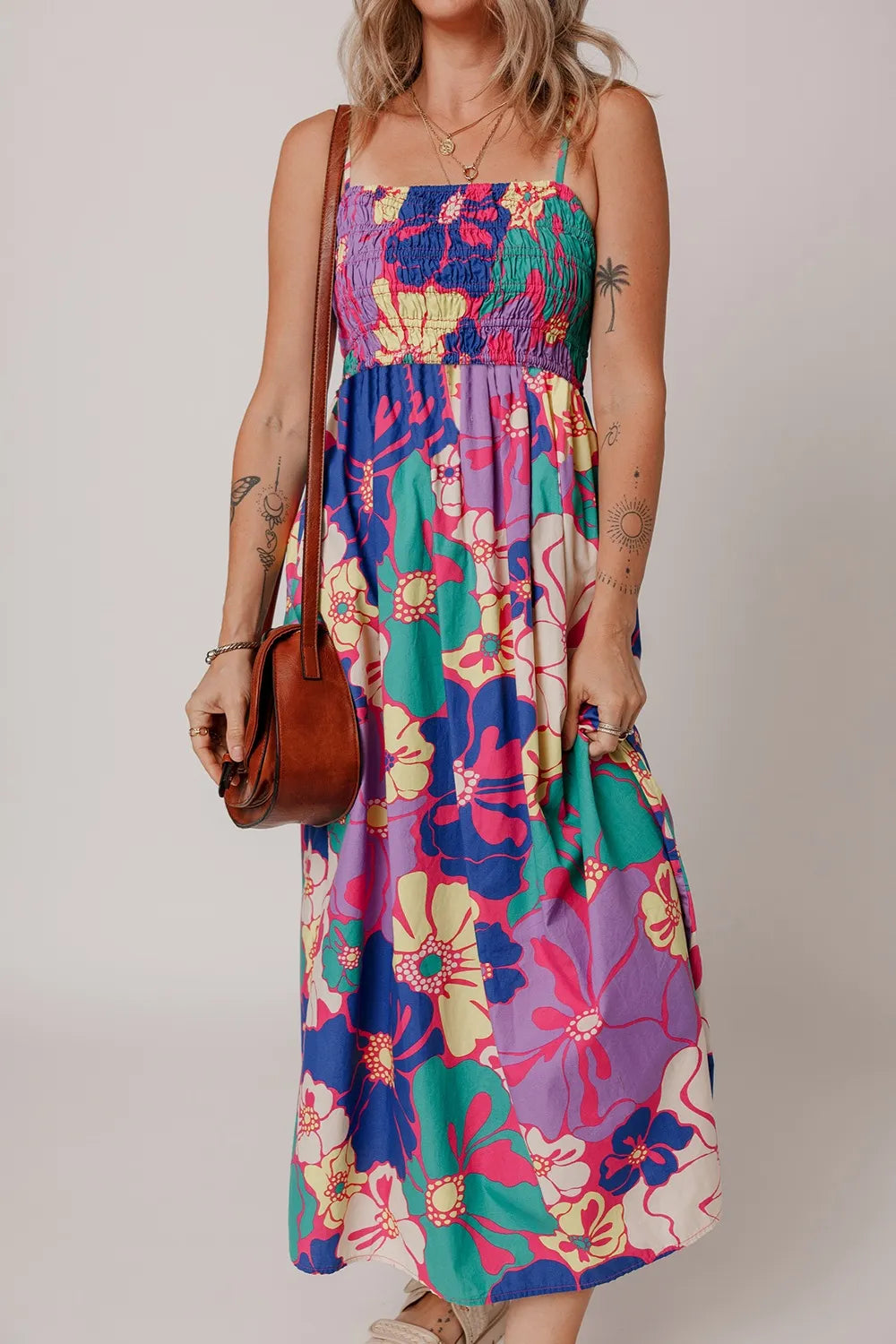 Floral Print Shirred Spaghetti Strap Loose Maxi Dress Purple / M by Blue Zone Planet