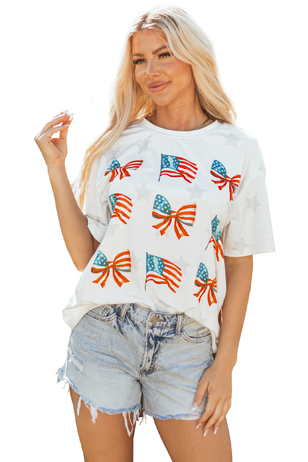 Khaki Patriotic Flag Bow Graphic Starry Round Neck T Shirt