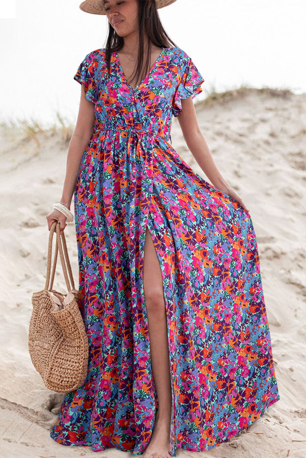 Blue Zone Planet | Blue Floral Print V Neck Wrap Split Maxi Dress Blue Zone Planet