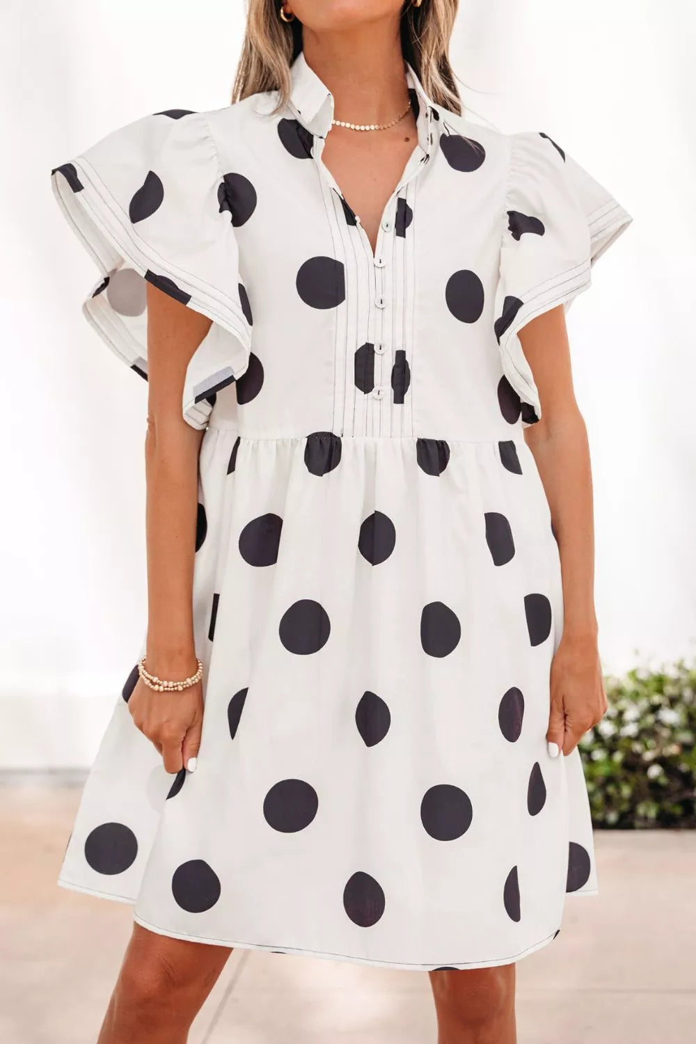 polka dot mini dress short sleeve Polka Dot Print Half Button Ruffled Short Sleeve Loose Mini Dress White / L by Blue Zone Planet