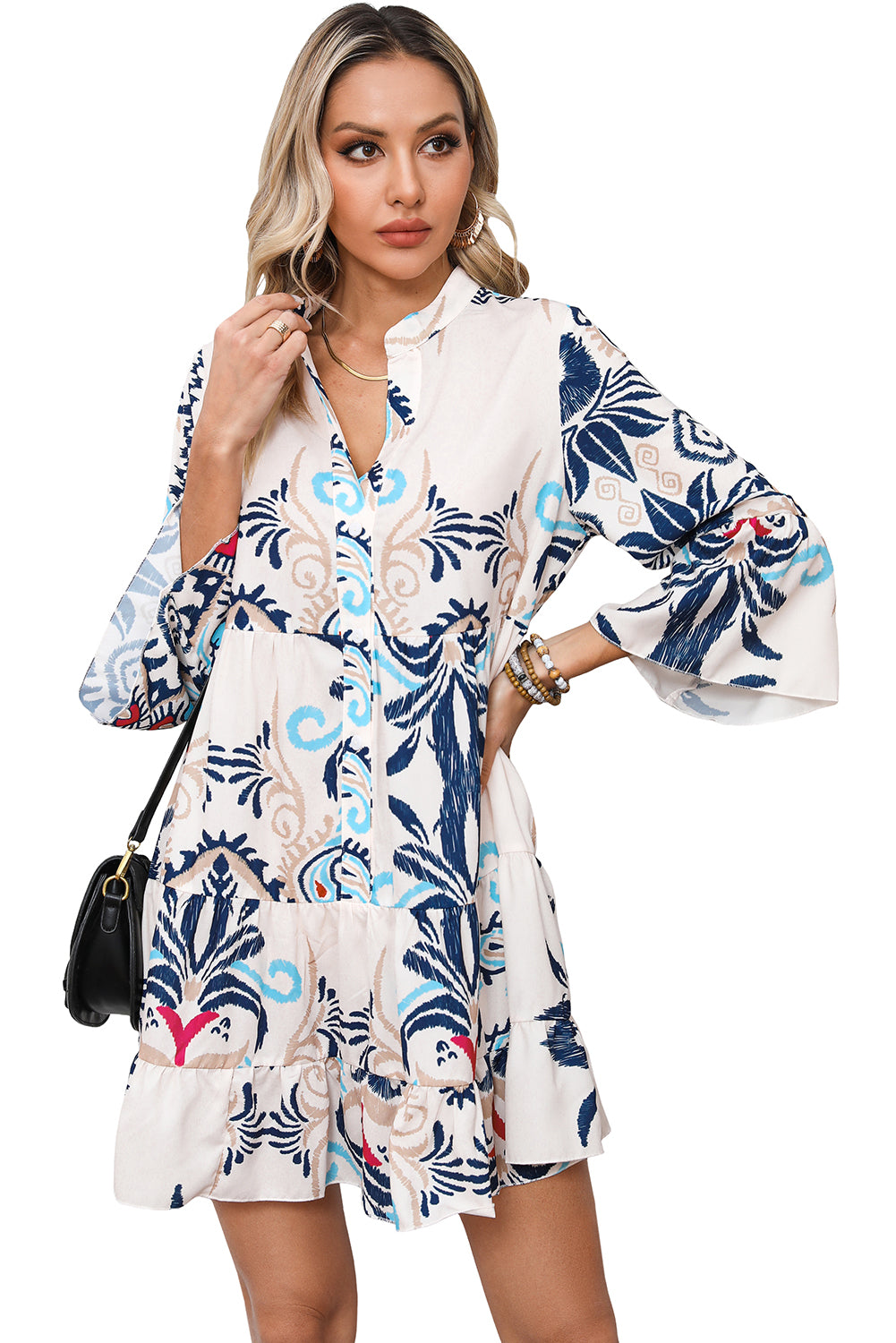 Blue Zone Planet | White Printed Tribal Print Bracelet Sleeve Buttoned Mini Dress Blue Zone Planet