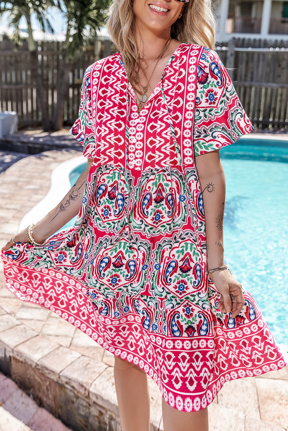 Blue Zone Planet | Pink Bohemian Print Tie Neck Ruffle Hem Short Dress Blue Zone Planet