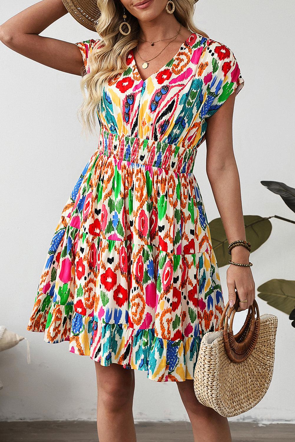 abstract mini dresses Charly Abstract Starla Smocked Tiered Mini Dress ORG-FUCHSIA / S by Sugarlips
