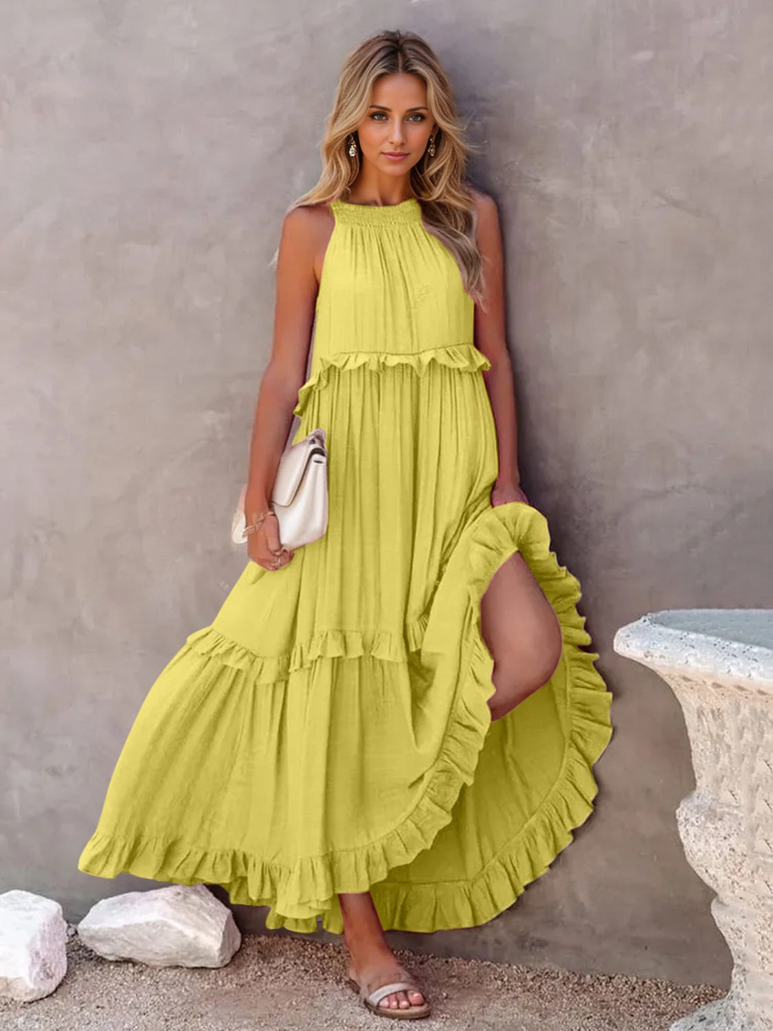 Blue Zone Planet | Ruffled Sleeveless Tiered Maxi Dress with Pockets BLUE ZONE PLANET