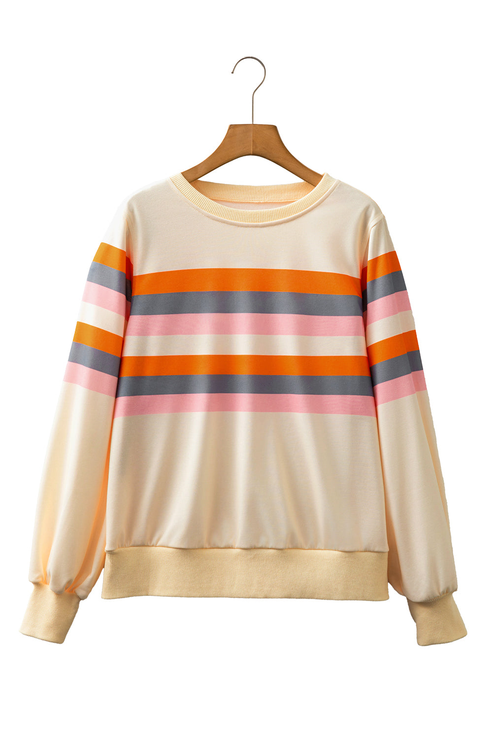 Beige Stripe Puff Sleeve Casual Pullover Sweatshirt