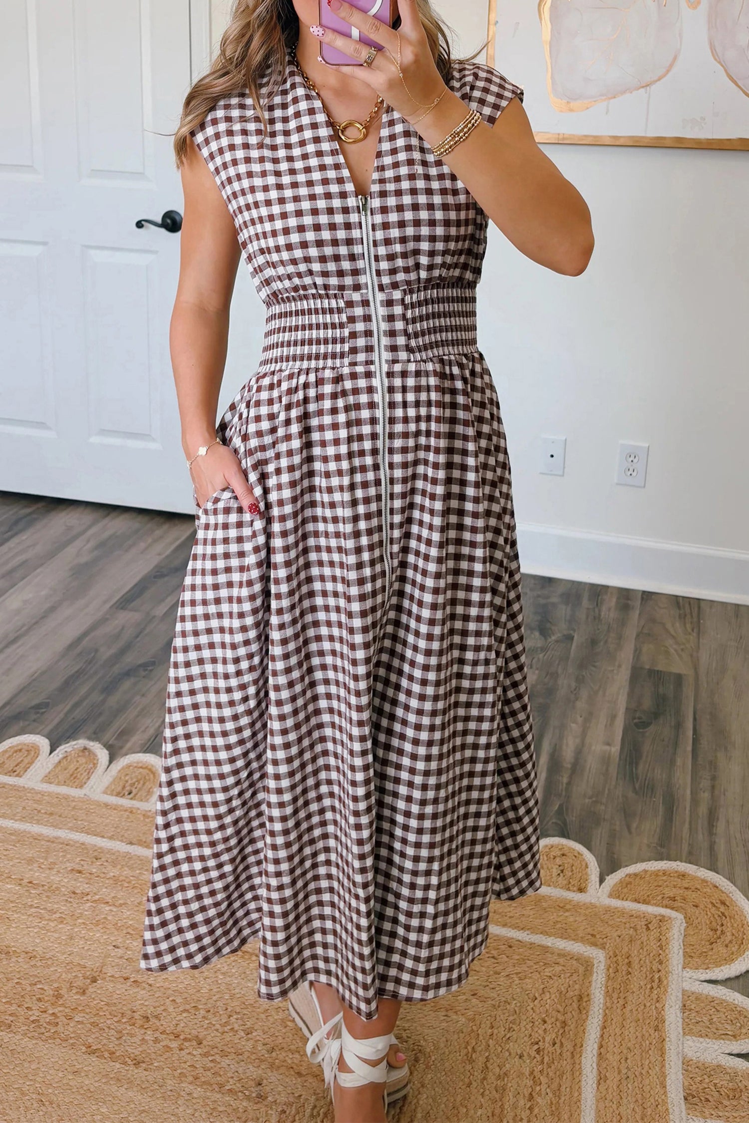 Coffee Plaid Zip-Front Maxi Dress with Cinched Waist – Fit & Flare L