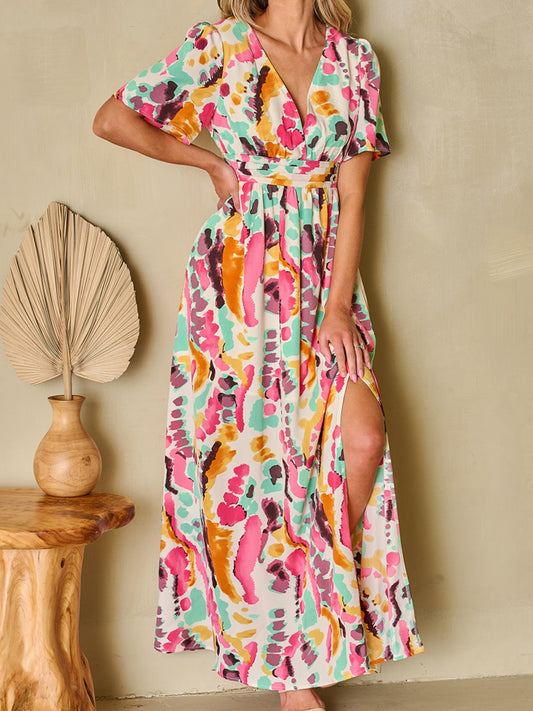 Blue Zone Planet |  Slit Printed Surplice Short Sleeve Maxi Dress BLUE ZONE PLANET