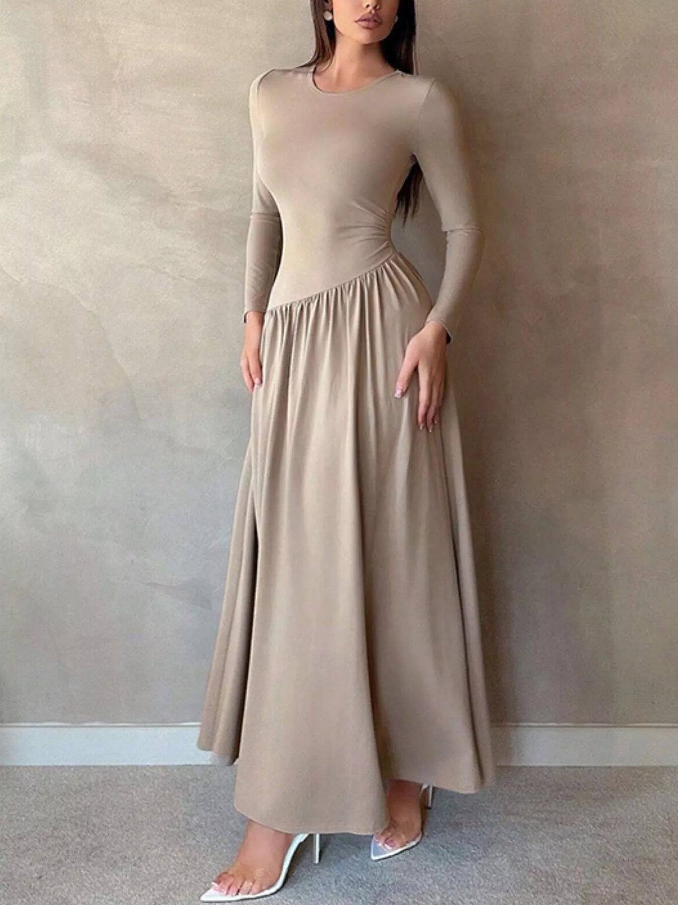 Long Sleeve Ruched A-Line Maxi Dress Dust Storm / S by Blue Zone Planet