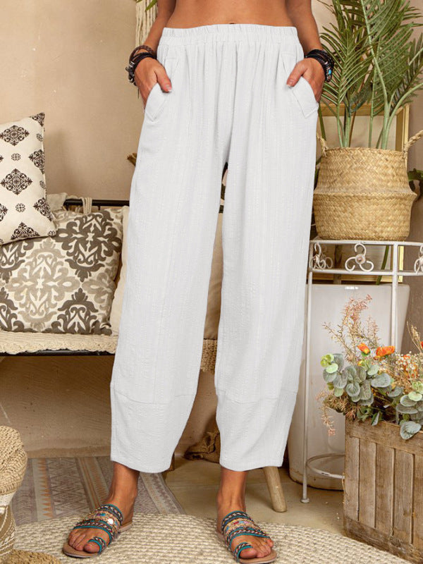 Blue Zone Planet | Solid Color Loose Cotton Linen Pants Home Harem Pants BLUE ZONE PLANET