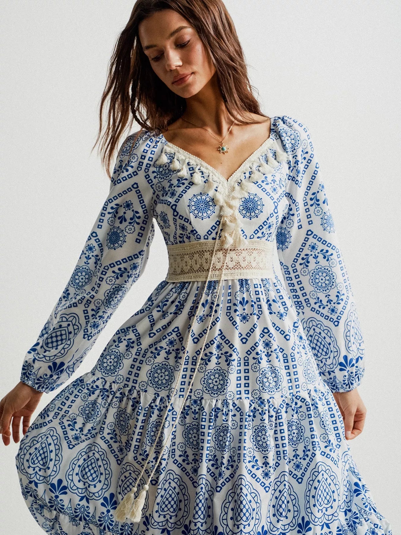 Bohemian Print Midi Dress with Tassel Detail Blue Zone Planet Bohemian Print Midi Dress with Tassel Detail Blue Zone Planet
