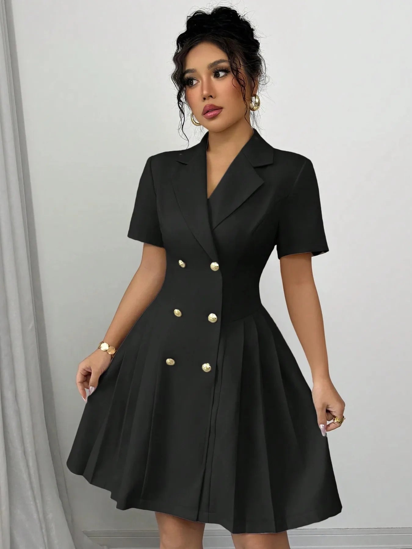 double breasted short sleeve dress Double-breasted Short Sleeve Black Blazer Dress
