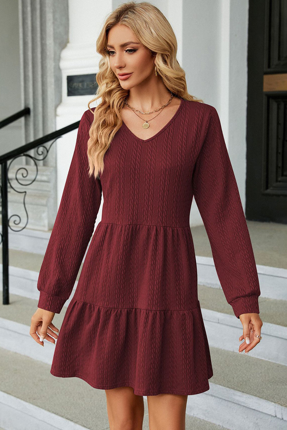 Blue Zone Planet | V-Neck Long Sleeve Mini Dress BLUE ZONE PLANET