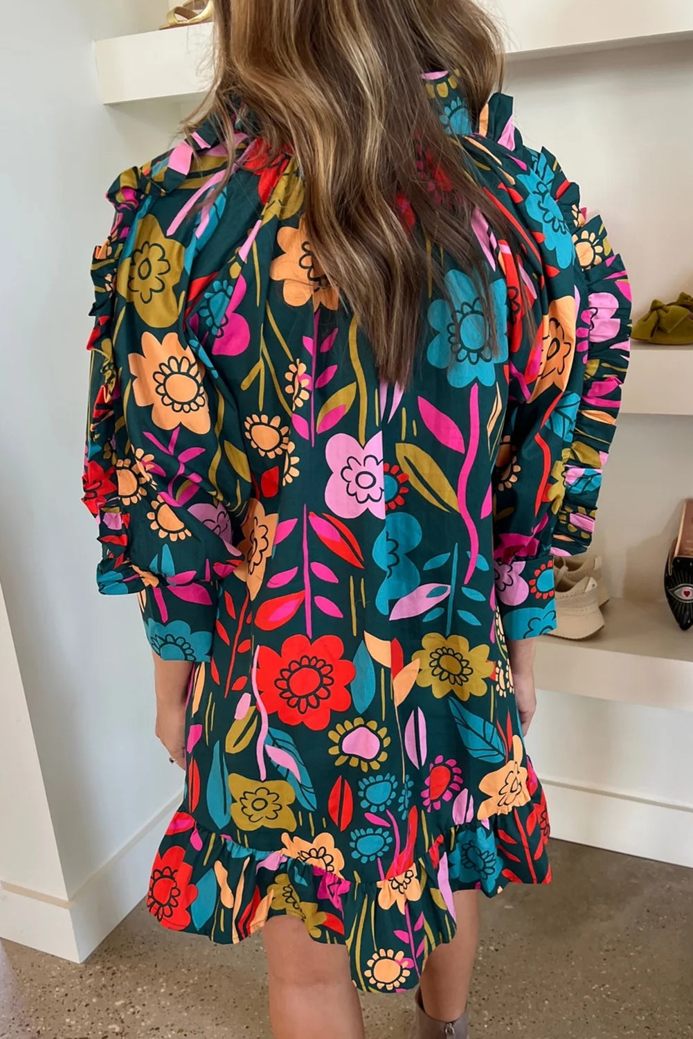 Blue Zone Planet | Green Floral Print Puff Sleeve Ruffled Mini Dress Blue Zone Planet