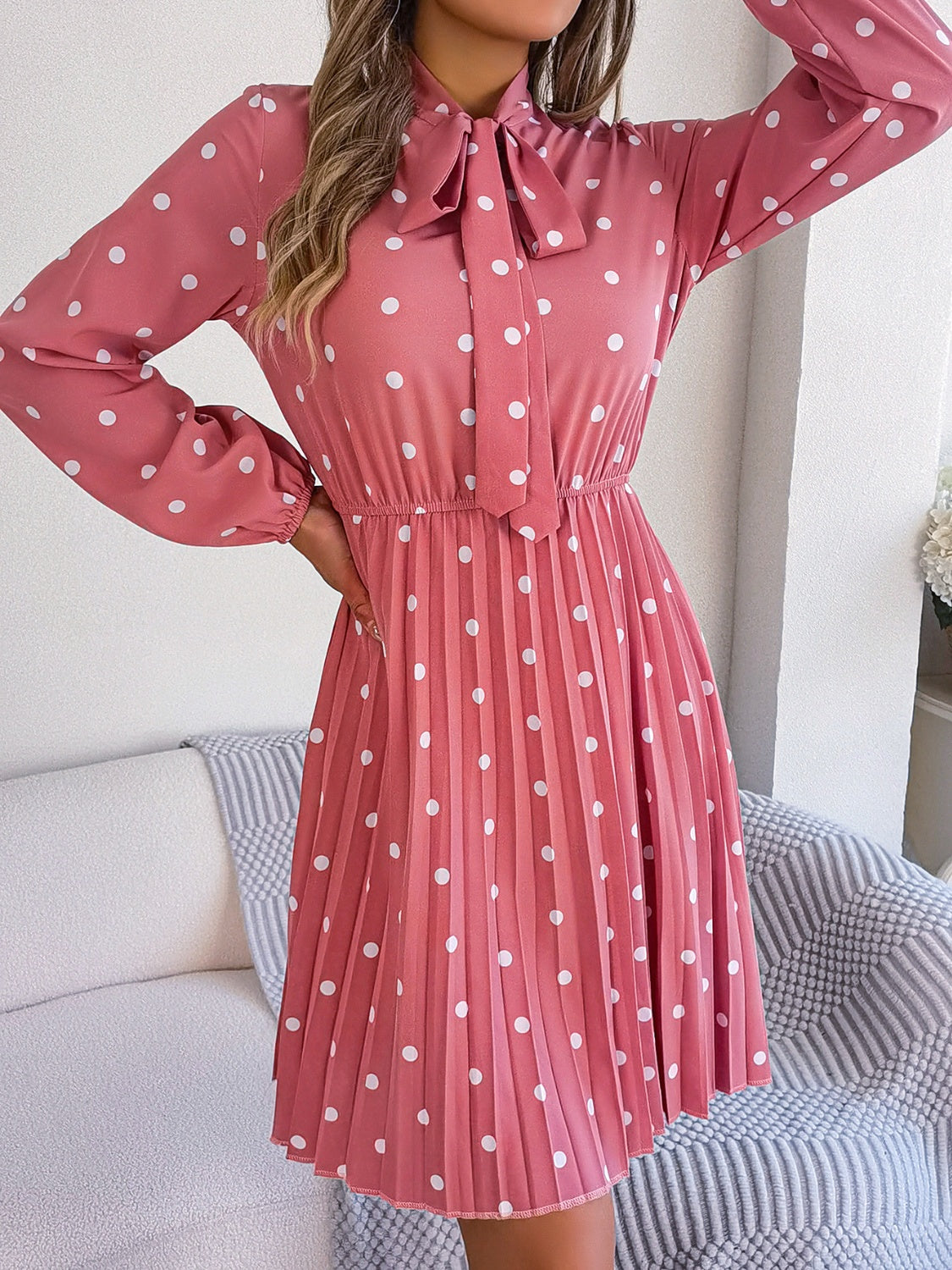 Polka Dot Tie Neck Pleated Dress BLUE ZONE PLANET
