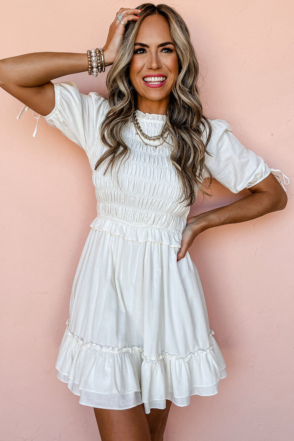 Blue Zone Planet | White Tie Short Sleeves Smocked Ruffle Mini Dress Blue Zone Planet
