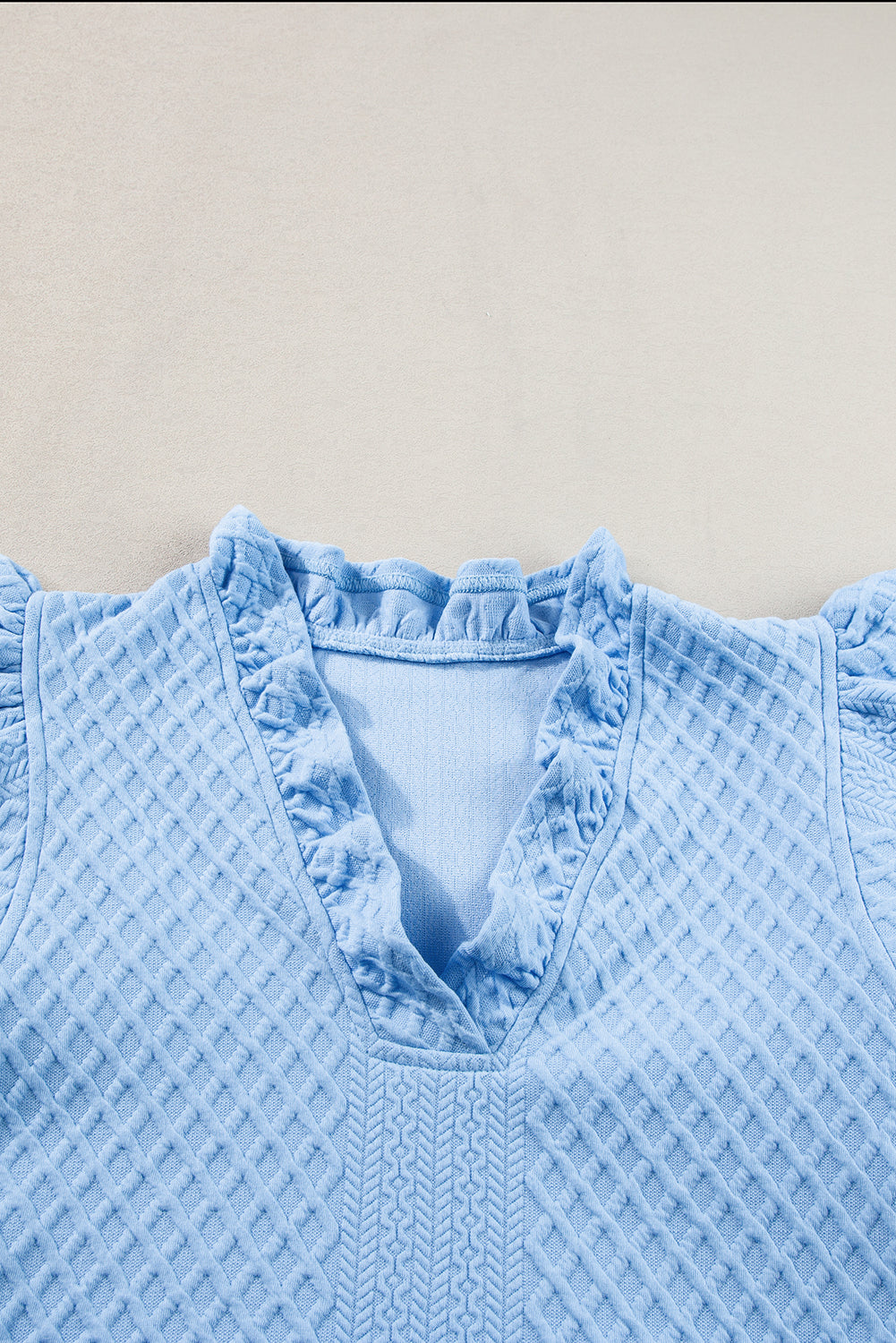 Light Blue Textured Puff Sleeve Ruffled V Neck Shift Mini Dress Blue Zone Planet