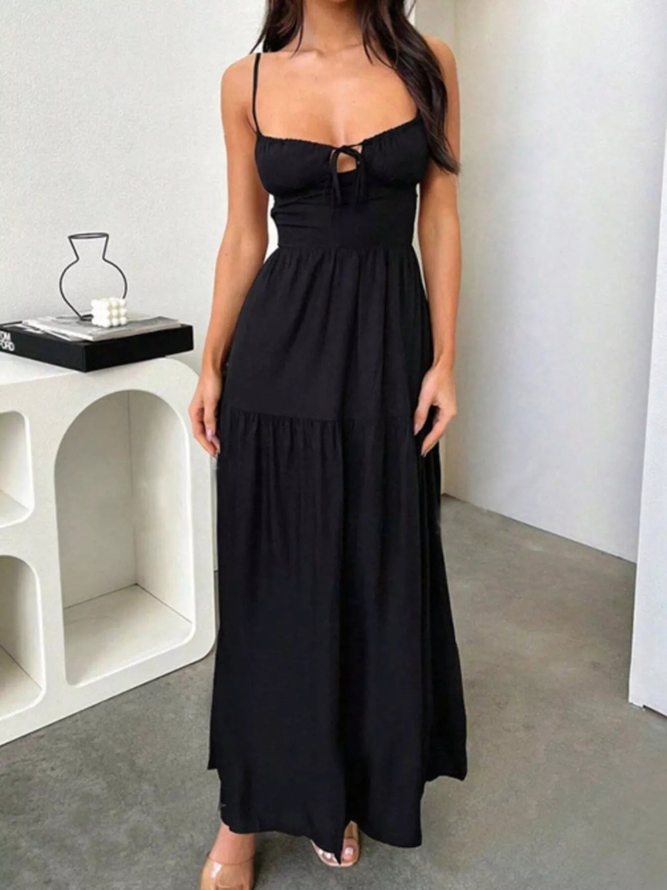 Lace Up Back Maxi Cami Dress Black / 2XL by Blue Zone Planet