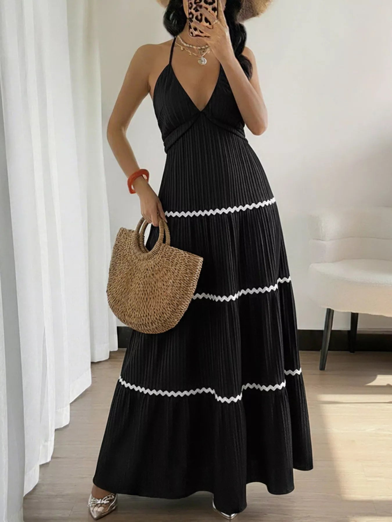 Halter Neck Pleated Maxi Dress Blue Zone Planet Halter Neck Pleated Maxi Dress Blue Zone Planet
