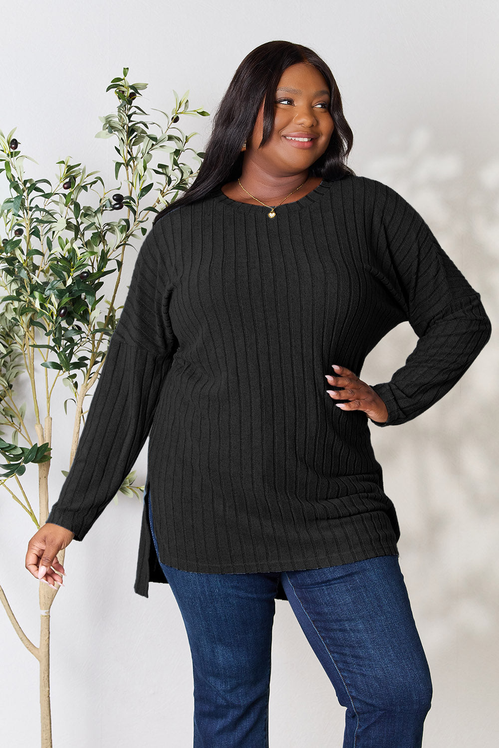 Basic Bae Full Size Ribbed Round Neck Long Sleeve Slit Top BLUE ZONE PLANET