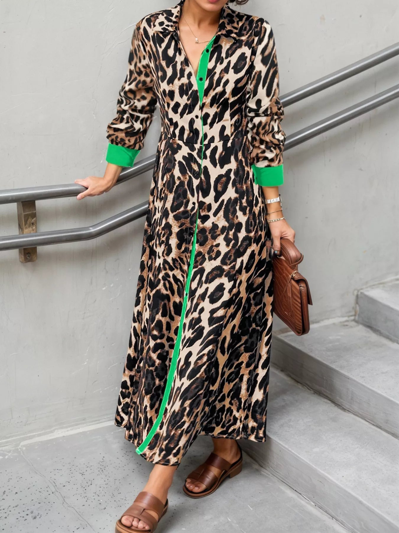 Leopard Print Long Sleeve Shirt Dress with Contrast Trim Army Green / S