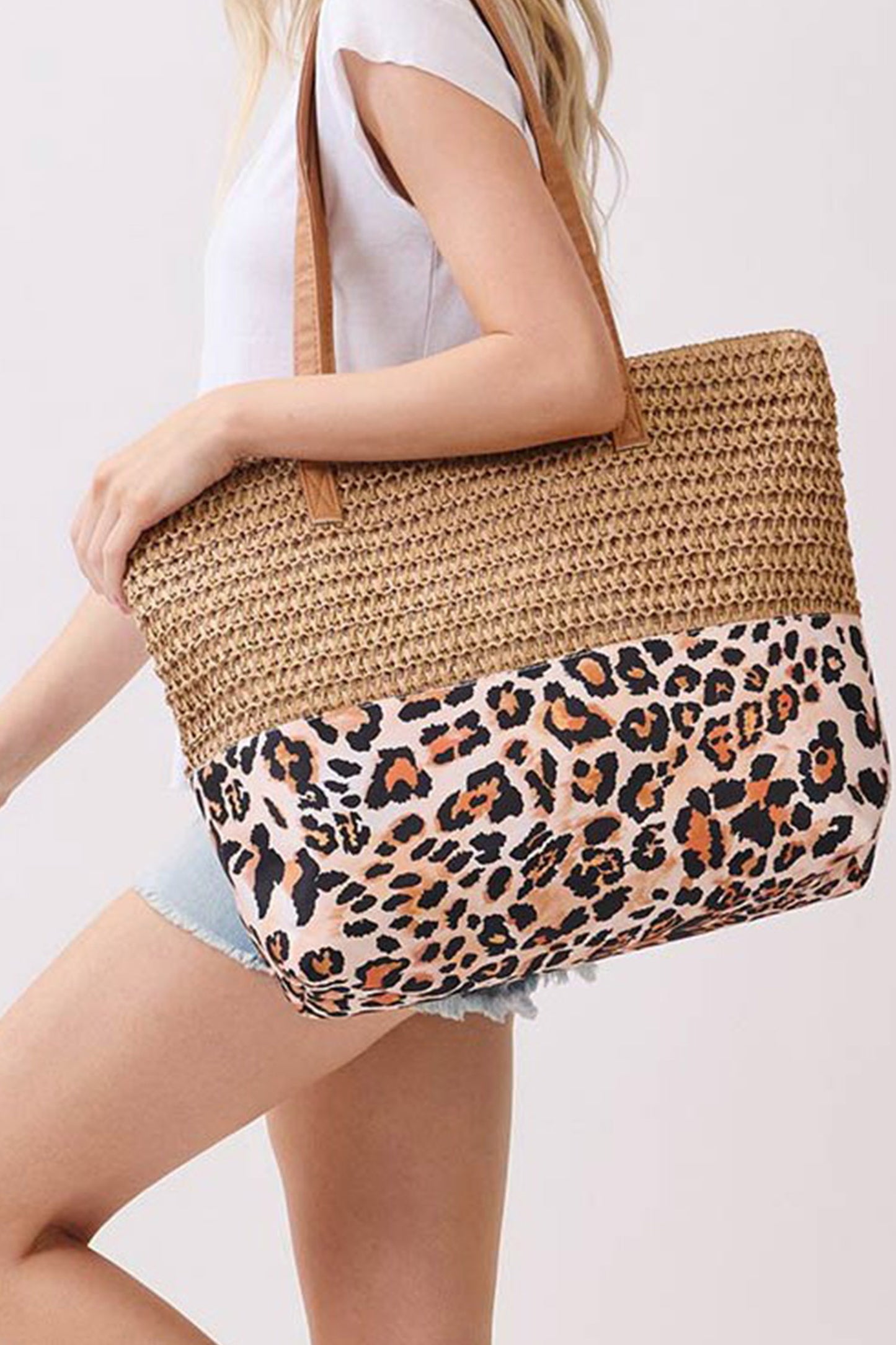 Beige Straw Woven Leopard Patchwork Large Tote Bag