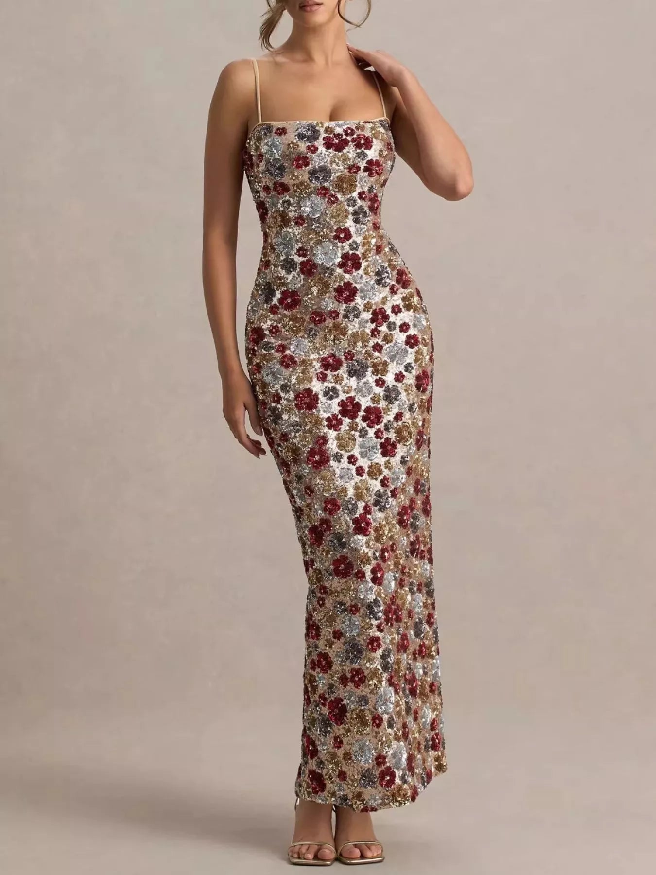 glitter bodycon maxi dress Lynn's Slit Floral Sequin Bodycon Maxi Dress