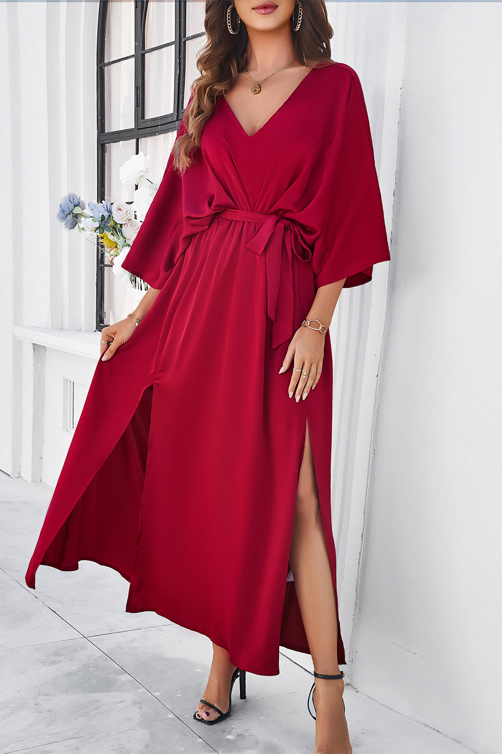Slit Tied V-Neck Three-Quarter Sleeve Dress BLUE ZONE PLANET