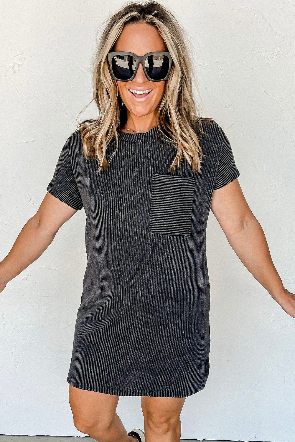 Blue Zone Planet | Gray Striped Ribbed Knit T-shirt Shift Dress Blue Zone Planet