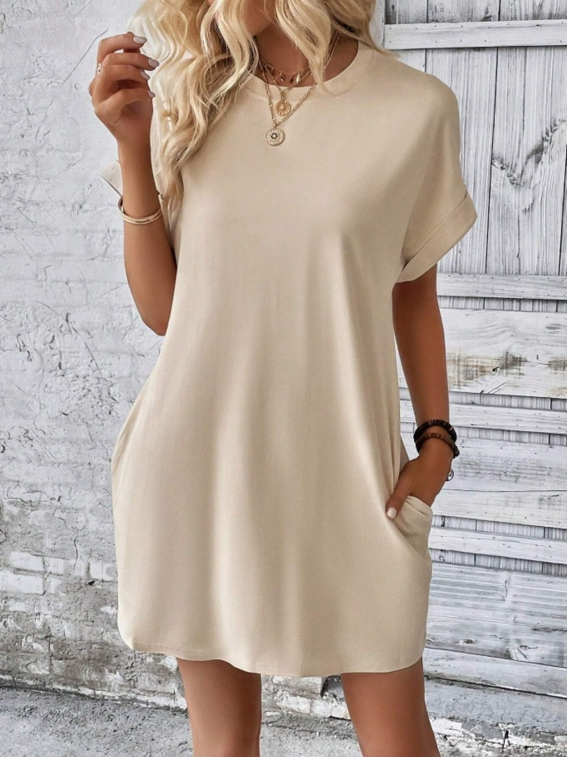 Pocketed Round Neck Short Sleeve Dress BLUE ZONE PLANET