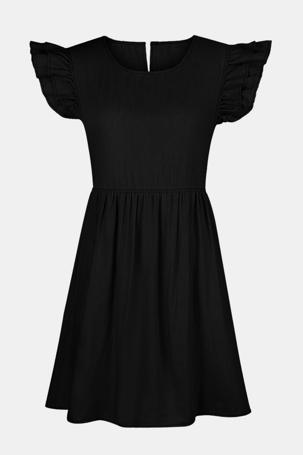 Blue Zone Planet | Clara's Full Size Ruffled Round Neck Cap Sleeve Denim Mini Dress BLUE ZONE PLANET