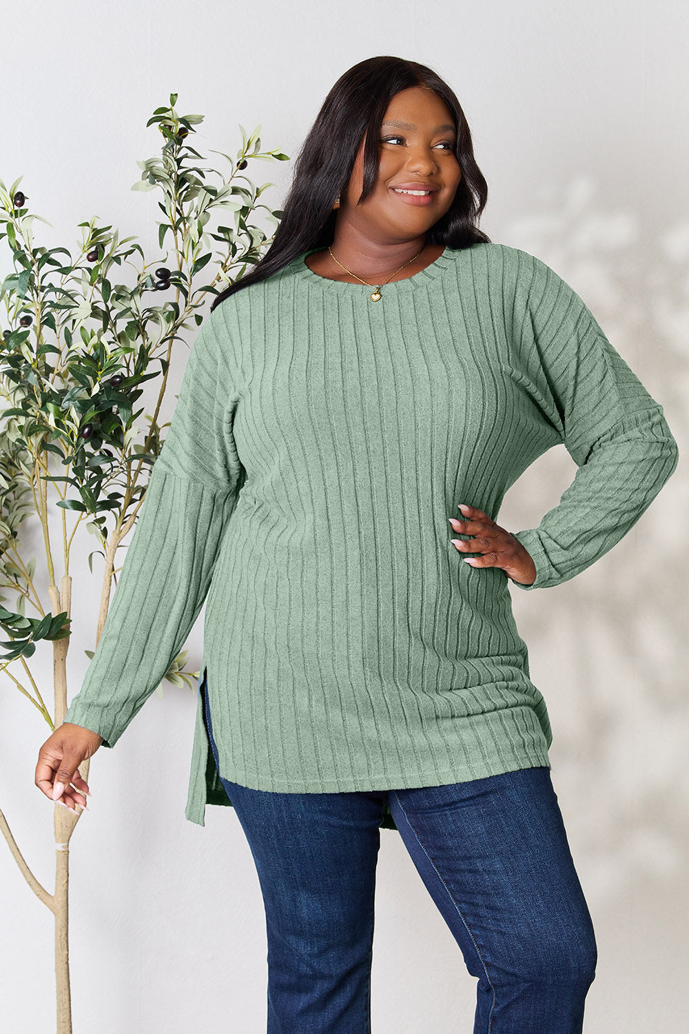 Basic Bae Full Size Ribbed Round Neck Long Sleeve Slit Top BLUE ZONE PLANET