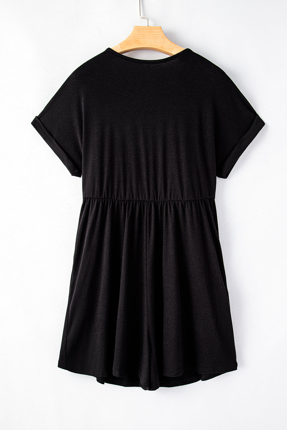 Black V Neck Buttons Loose Cuffed Short Sleeve Romper Blue Zone Planet