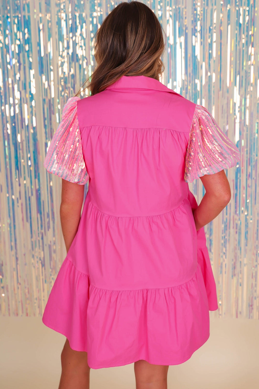 Blue Zone Planet | Bonbon Sequined Bubble Sleeve Tiered Ruffled Shirt Dress Blue Zone Planet