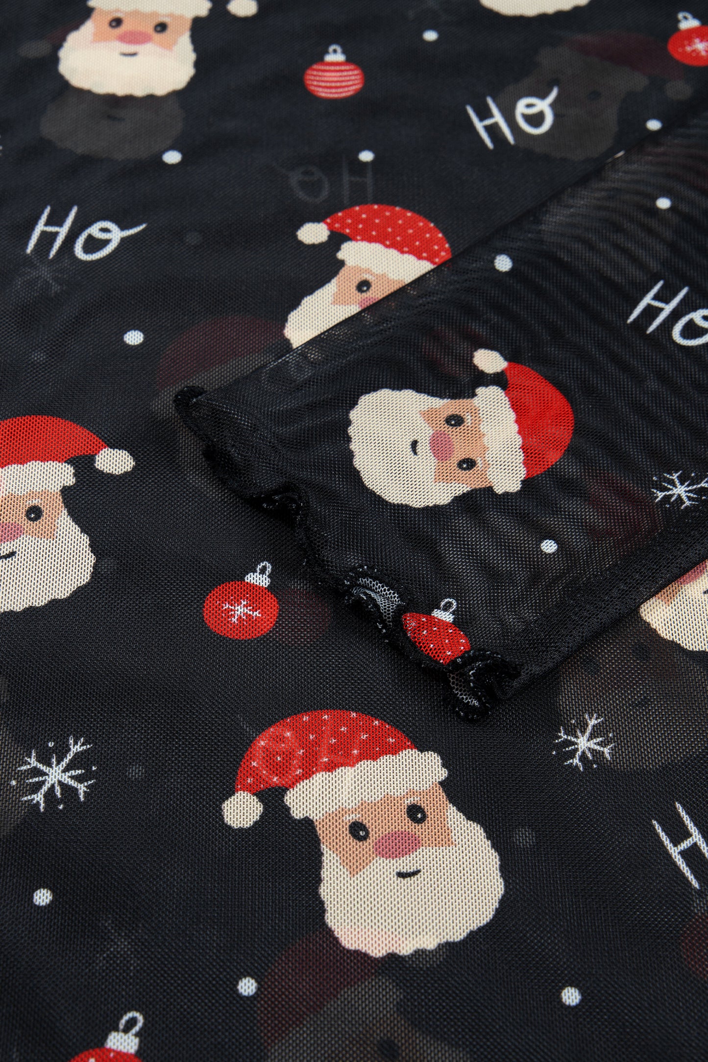 Black Santa Print Sheer Stand Neck Long Sleeve Top