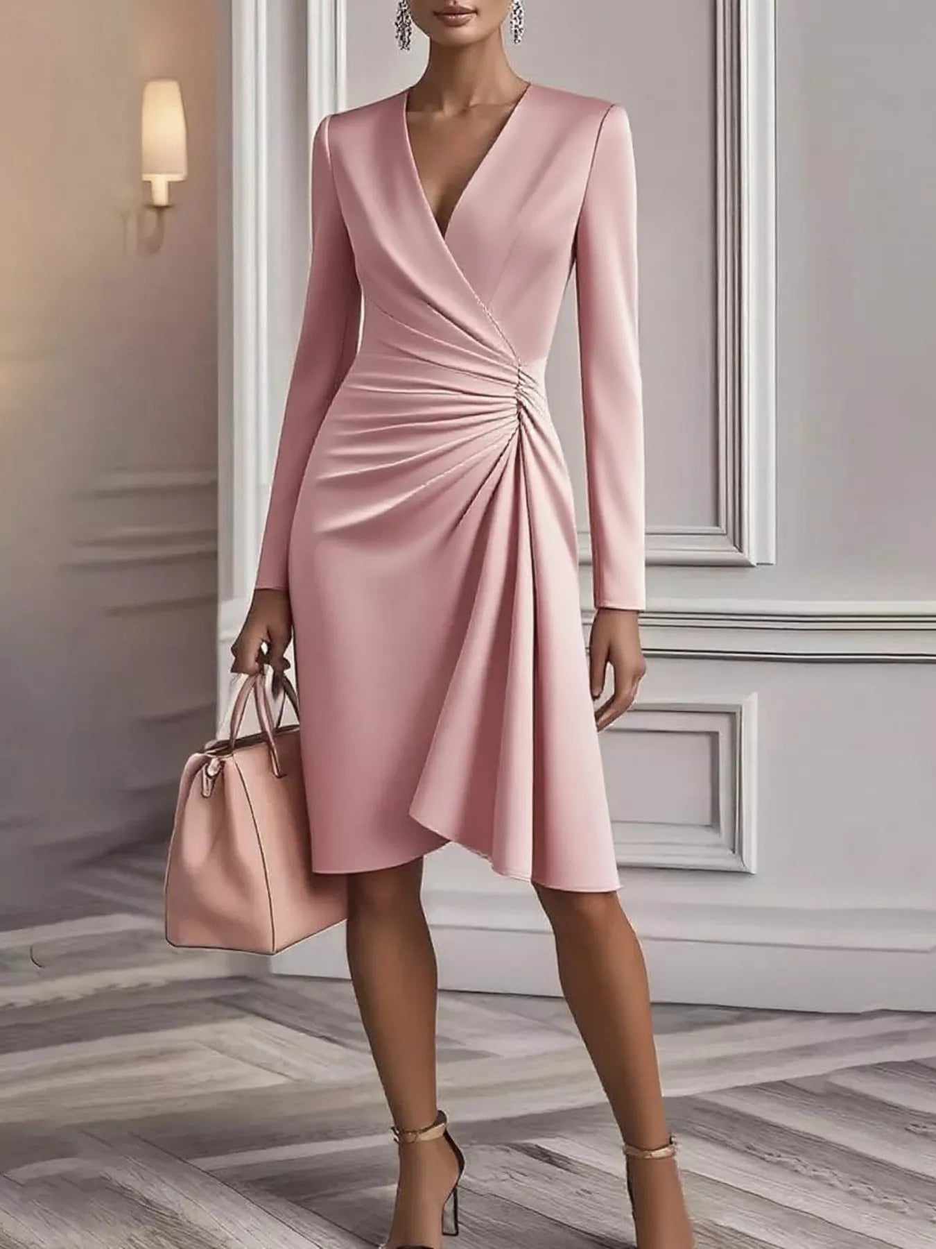 ruched surplice mini dress Pink Ruched Surplice Long Sleeve Dress
