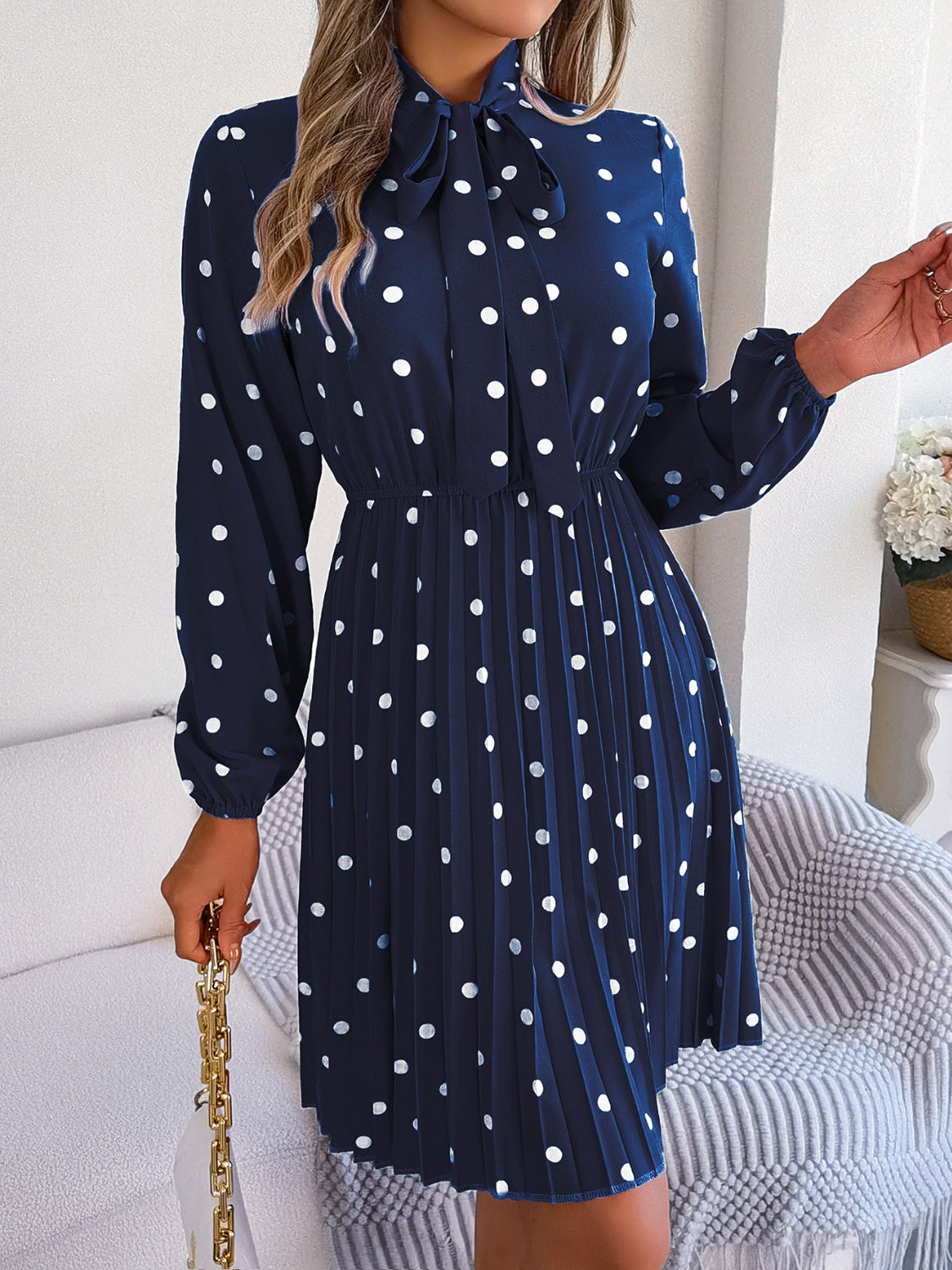 Polka Dot Tie Neck Pleated Dress BLUE ZONE PLANET