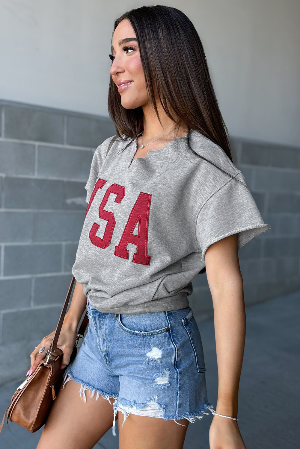 Blue Zone Planet | Black USA Lettering Patch Notched Neck Loose Tee Blue Zone Planet