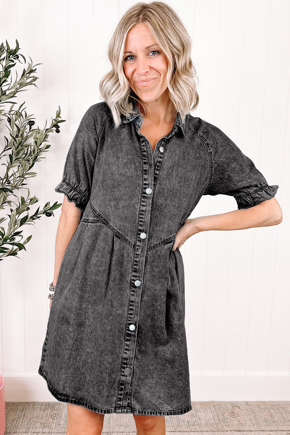 Medium Grey Mineral Wash Ruffled Short Sleeve Buttoned Denim Dress Blue Zone Planet