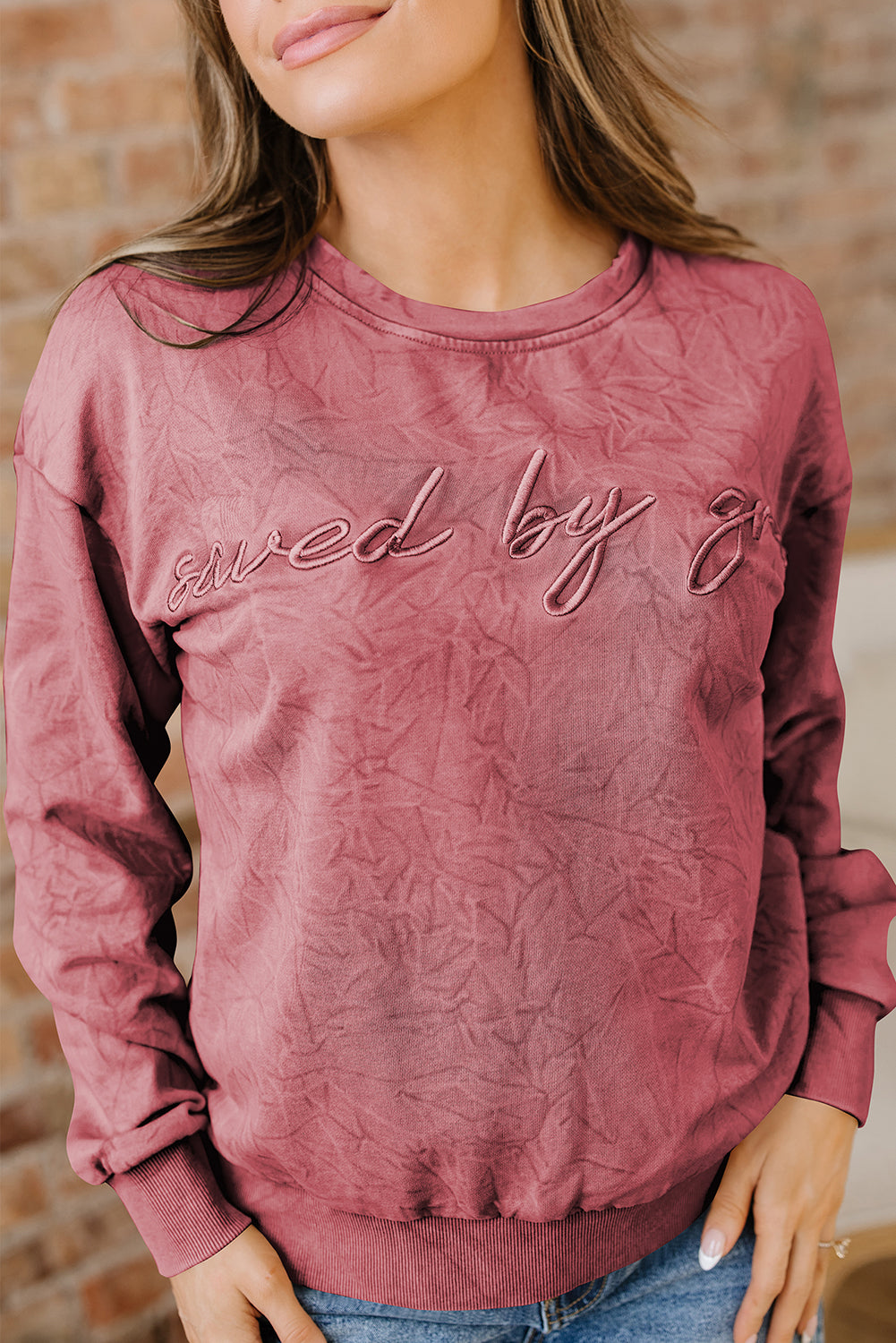 Mineral Red Saved By Grace Letter Embroidery Mineral Wash Loose Sweatshirt