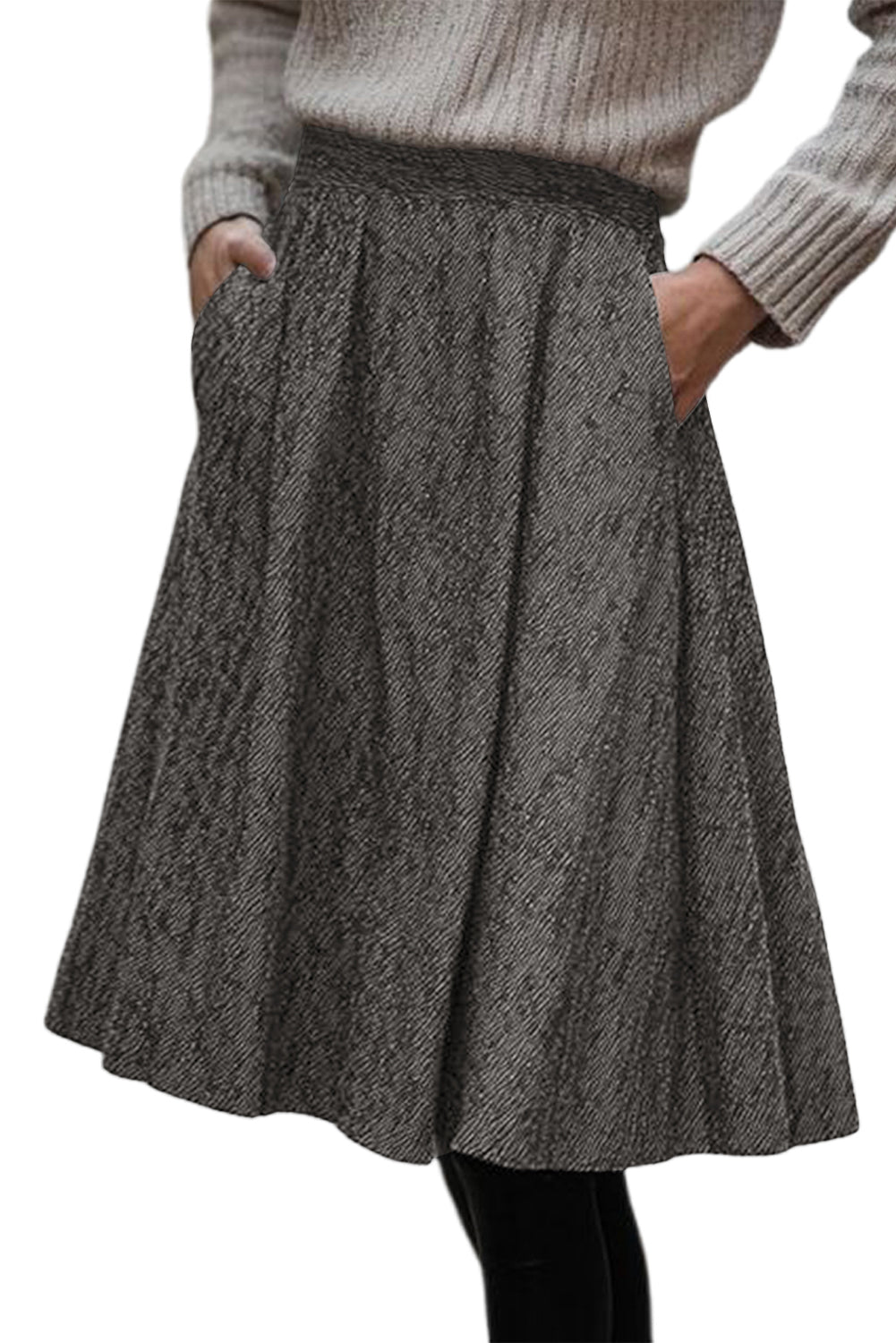 Brown Solid Color Textured Pleated Midi Skirt
