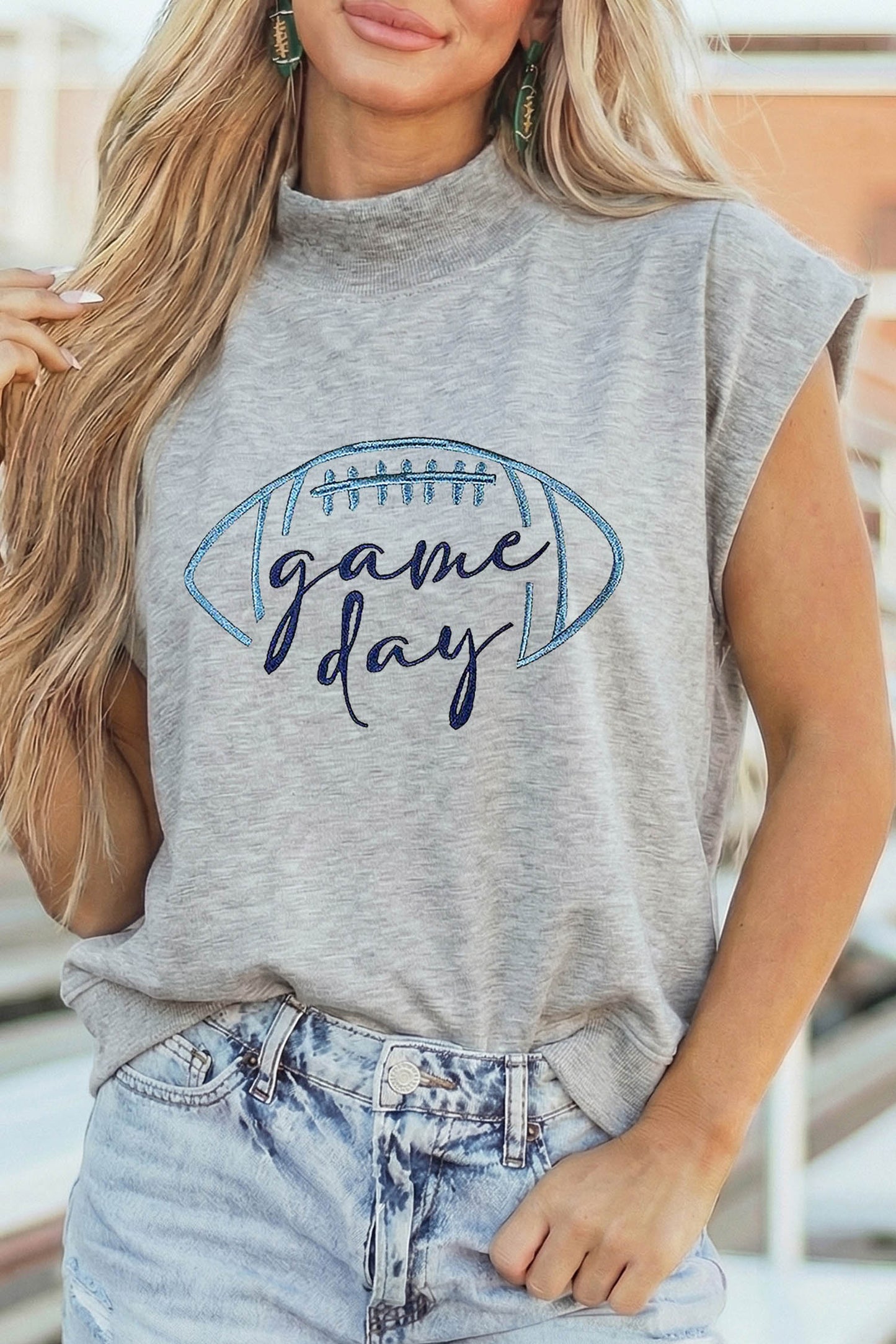 Light Grey Embroidered Game Day Football High Neck Short Sleeve Top