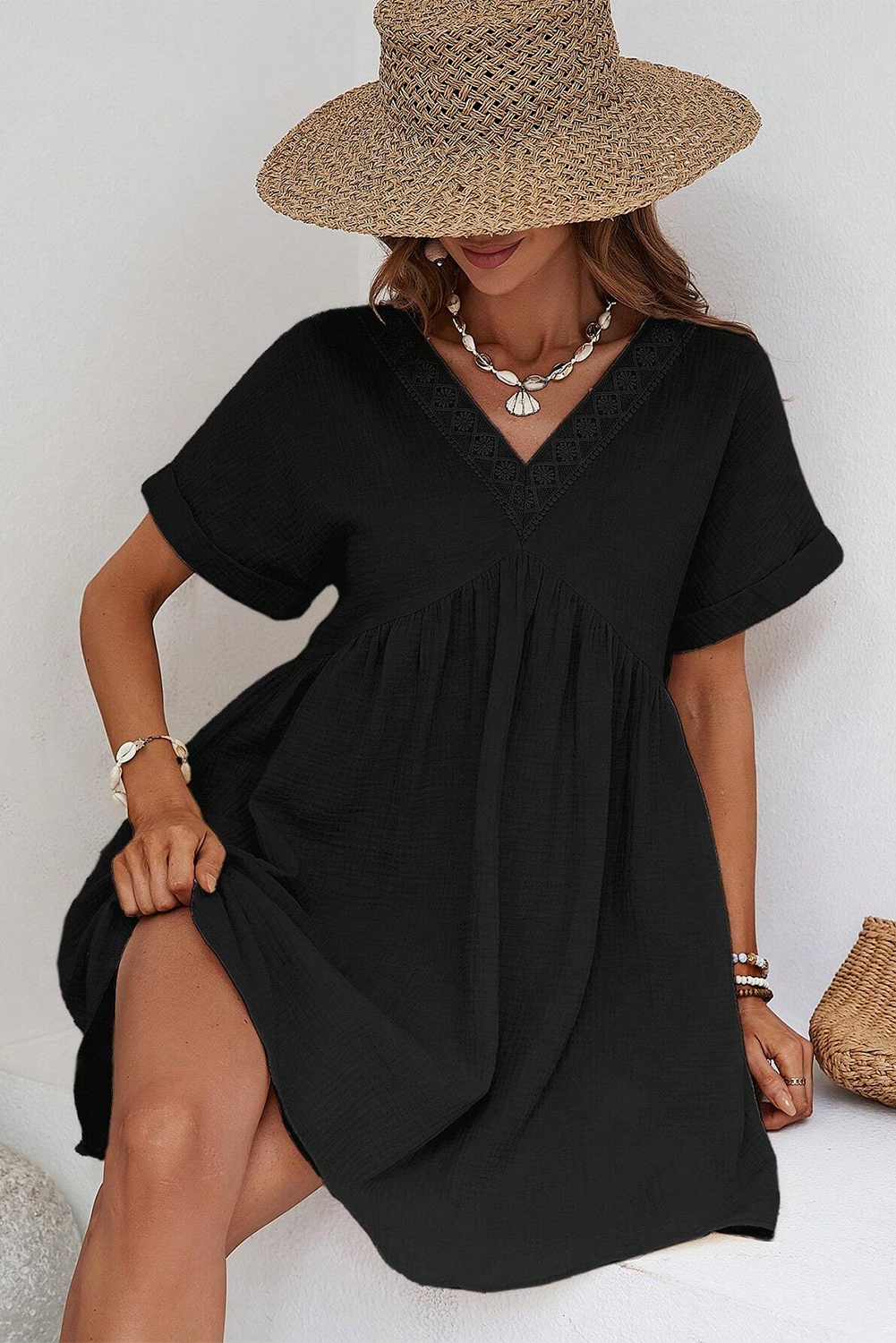 Blue Zone Planet | Black Folded Short Sleeve Lace V Neck Mini Dress Blue Zone Planet