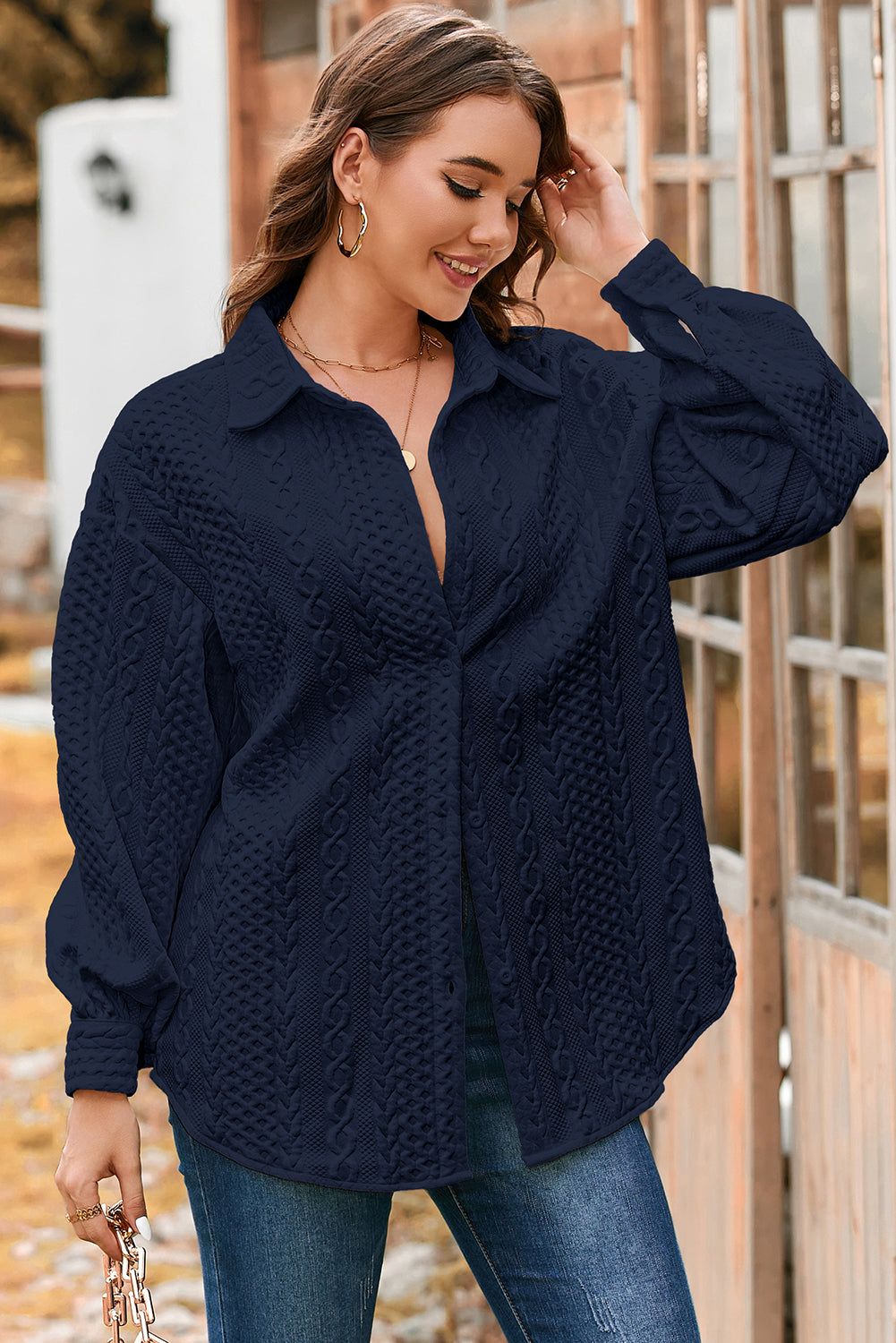 Light Grey Cable Texture Puff Sleeve Loose Shacket