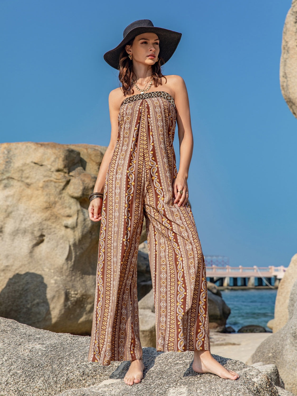 Blue Zone Planet | Tied Printed Tube Wide Leg Jumpsuit BLUE ZONE PLANET