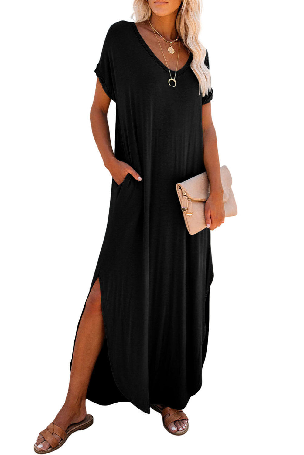 Blue Zone Planet | Black V Neck Hidden Pocket Splits Maxi T-shirt Dress Blue Zone Planet