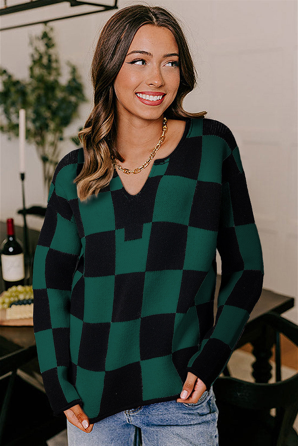 Black Checked Notched Neckline Drop Shoulder Knit Sweater