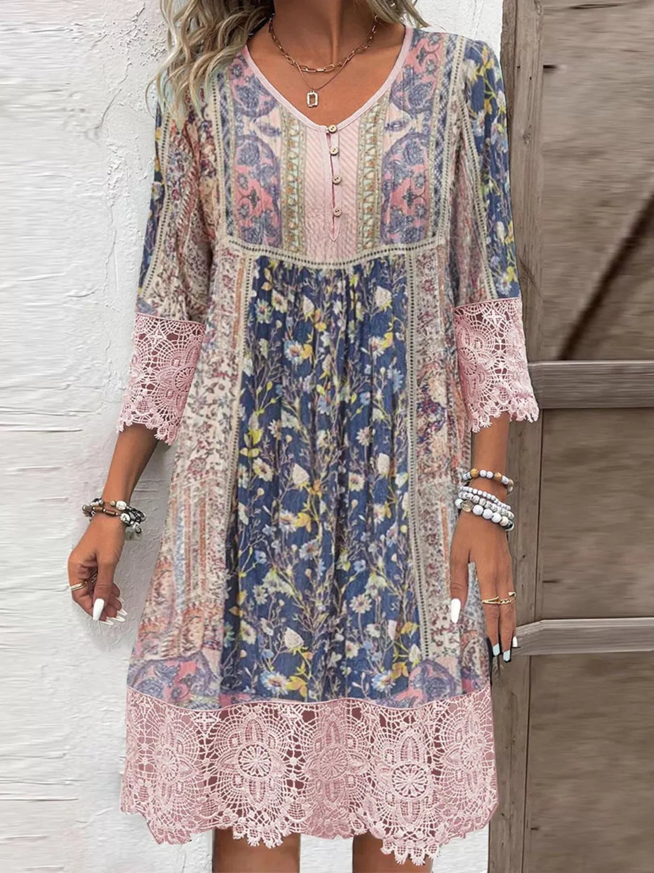 Full Size Floral Lace Trim V-Neck Dress Plus Size Pink / S by Blue Zone Planet Full Size Floral Lace Trim V-Neck Dress Plus Size Pink / S by Blue Zone Planet