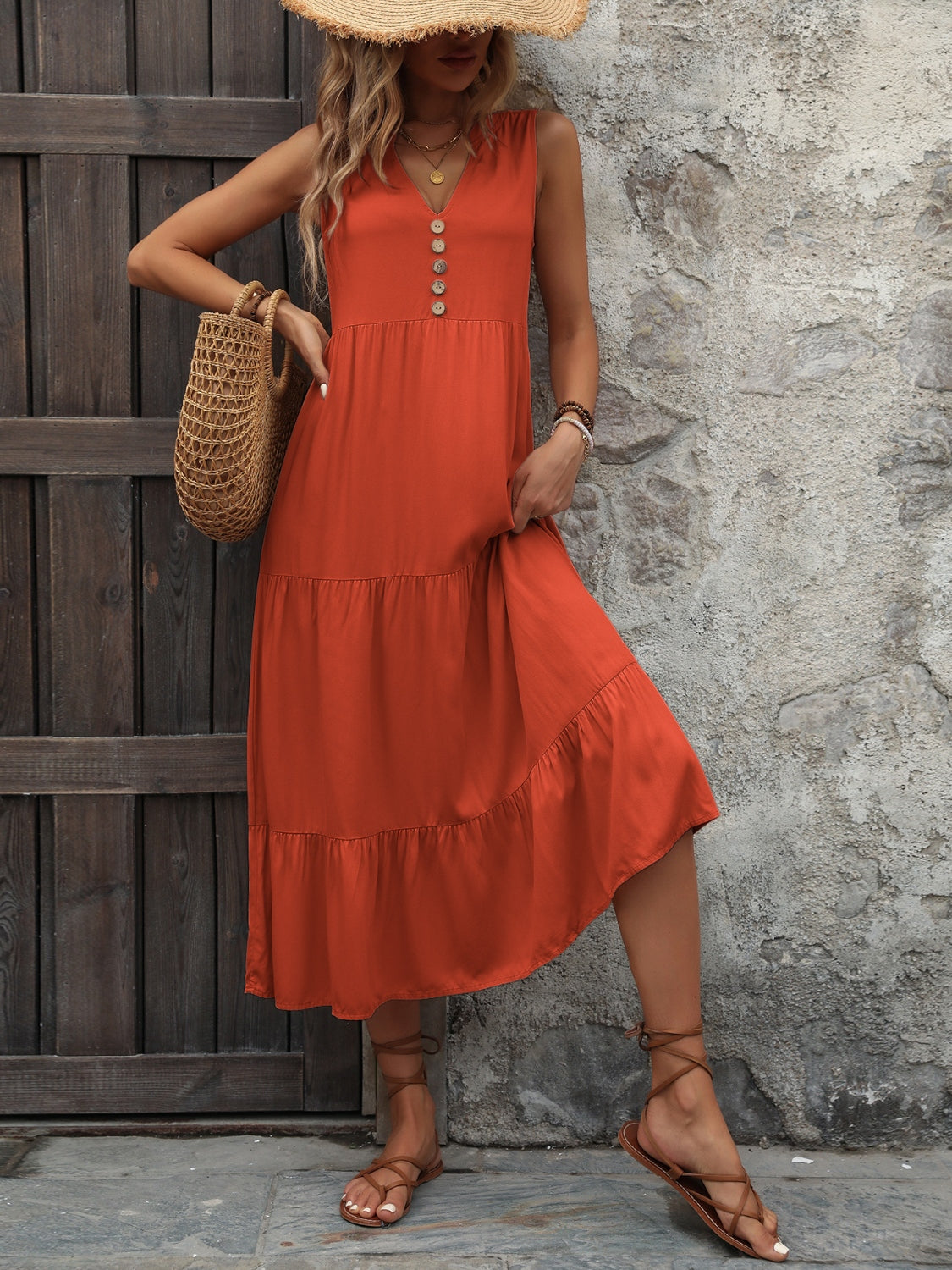 Blue Zone Planet | Decorative Button Notched Sleeveless Dress BLUE ZONE PLANET
