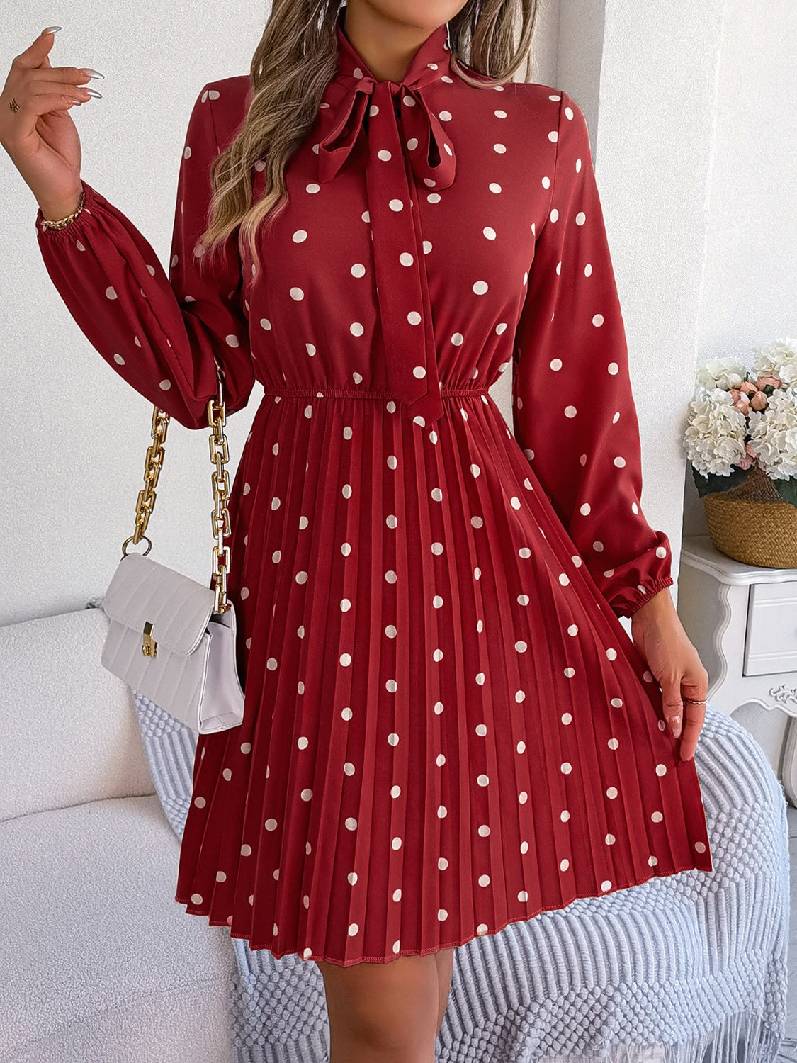 Polka Dot Tie Neck Pleated Dress BLUE ZONE PLANET