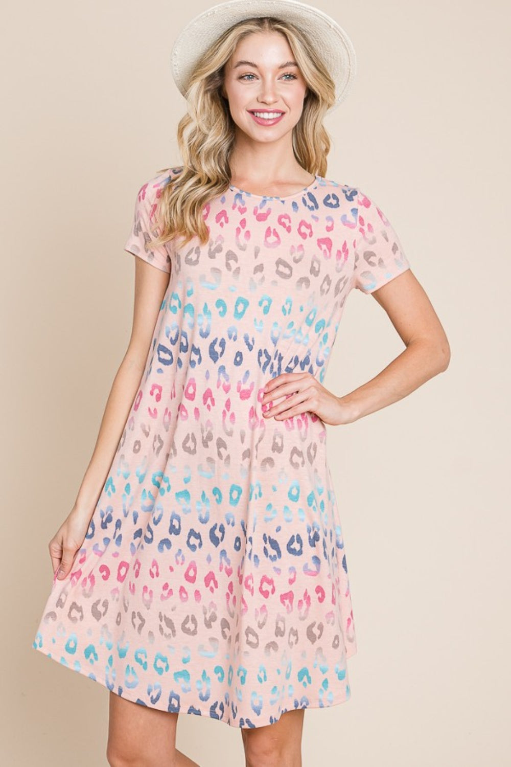 Blue Zone Planet | BOMBOM Leopard Round Neck Short Sleeve Dress BLUE ZONE PLANET